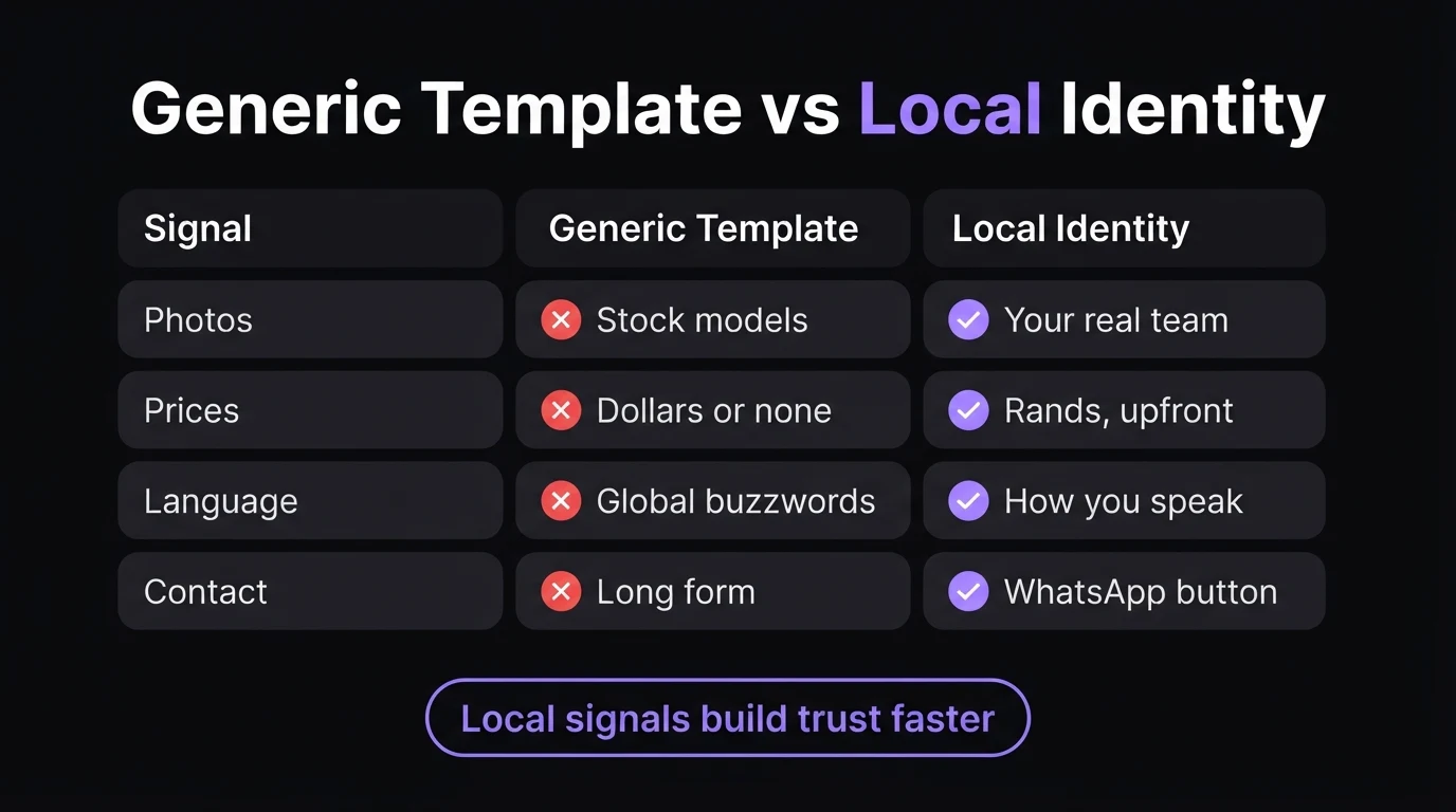 Comparison infographic, Generic Template vs Local Identity: stock models vs your real team, dollars or no prices vs Rands upfront, global buzzwords vs how you speak, long form vs WhatsApp button